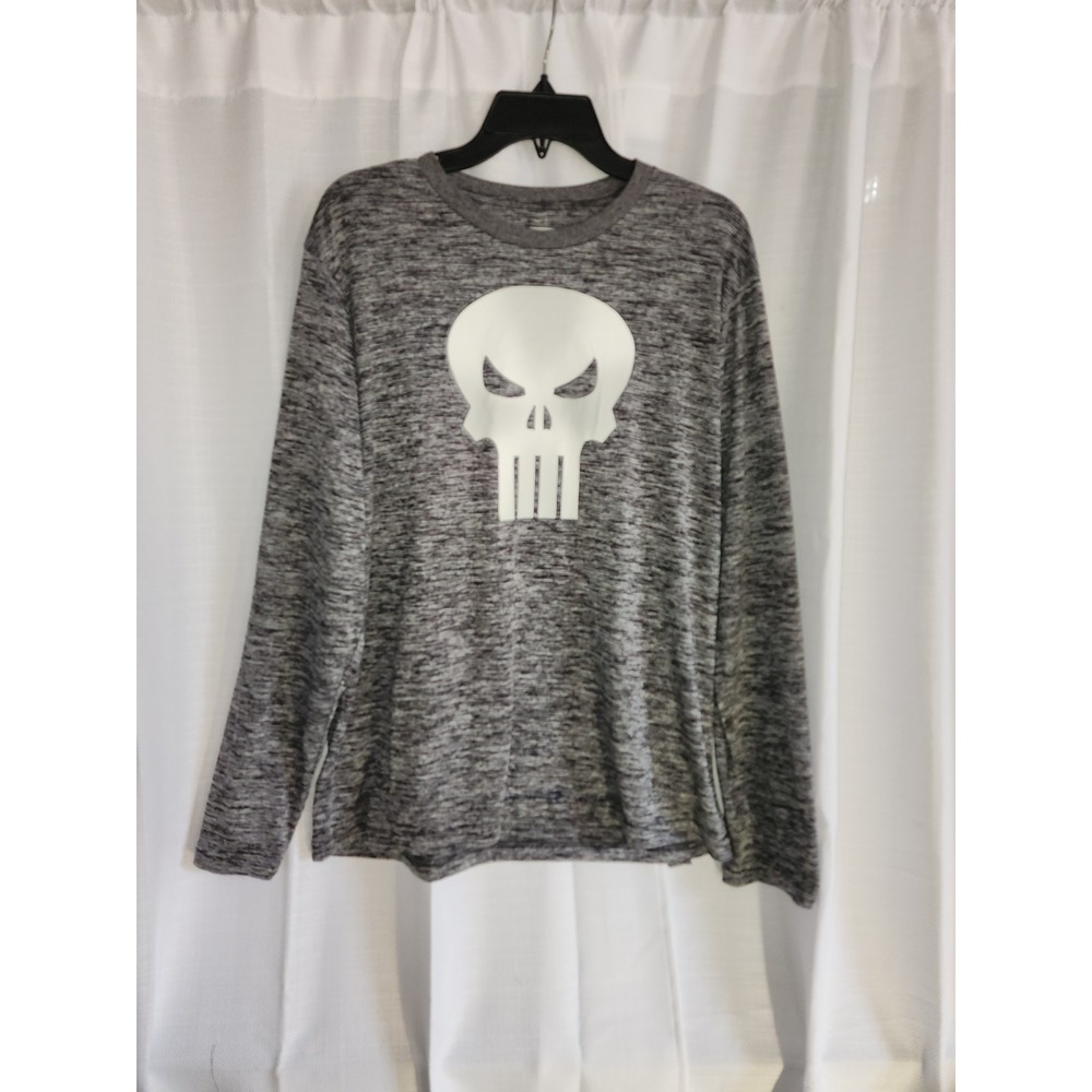 MARVEL THE PUNISHER Mens Large Pullover Long Sleeve T shirt Gray Skull Stretch